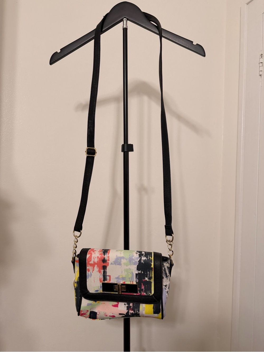 Abstract Multicolor Crossbody Bag with Black Trim